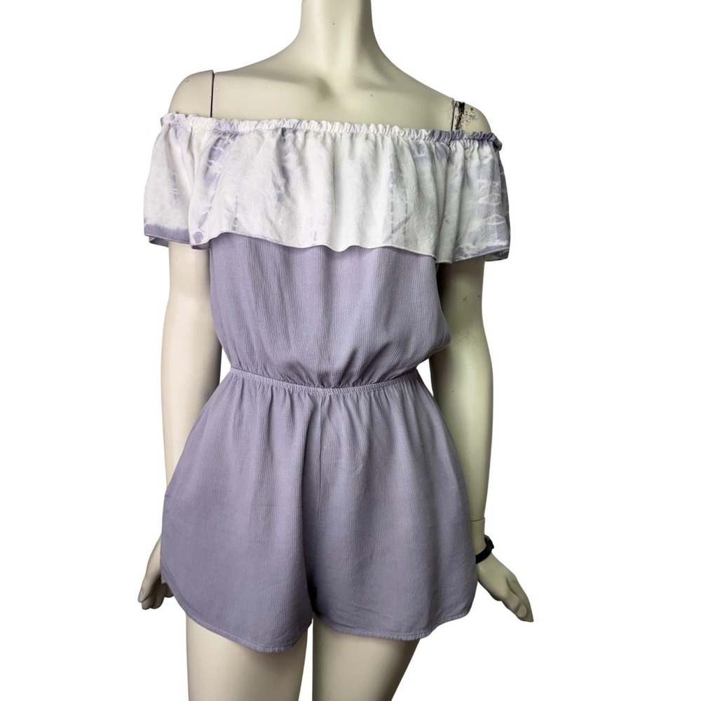 Mona B Romper Off Shoulder Ruffle Tie Dye Lavender White Pockets Boho Summer M